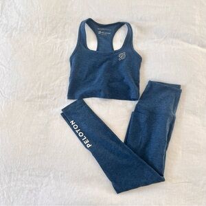 Beyond Yoga x Peloton small set space dyed blue leggings layered cropped tank